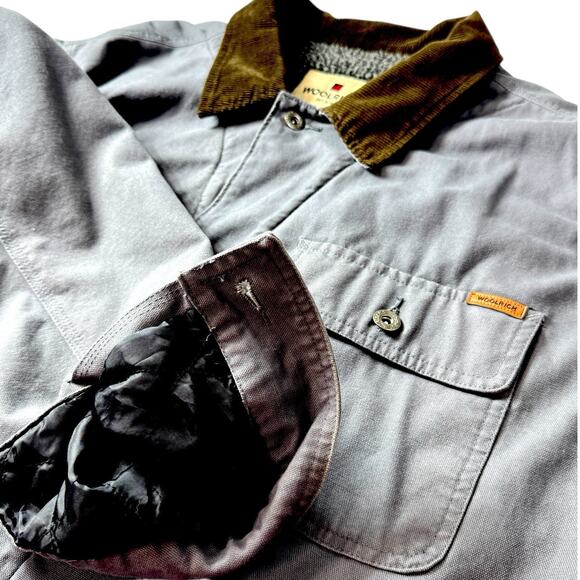 Woolrich Canvas Barn Coat Gray Sherpa Lined Men 2XL Corduroy Collar Chore Jacket - Picture 5 of 16